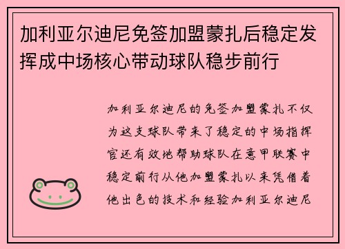 加利亚尔迪尼免签加盟蒙扎后稳定发挥成中场核心带动球队稳步前行